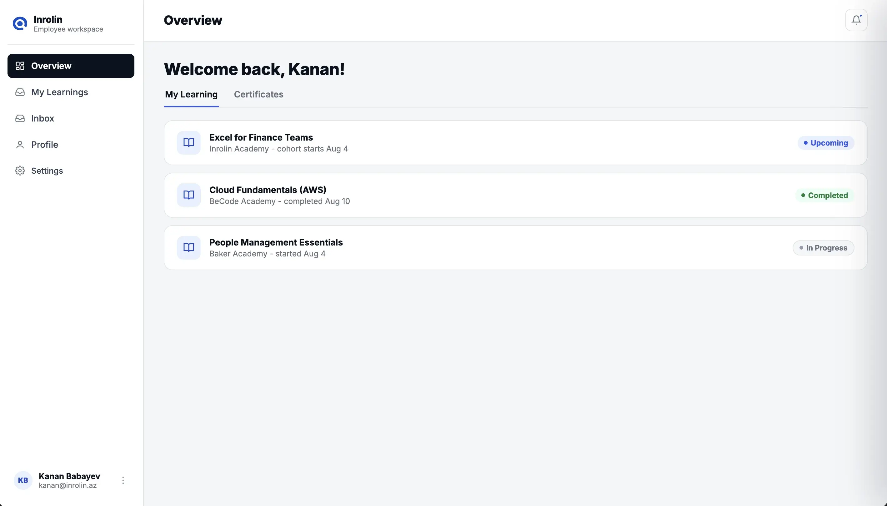 Inrolin employee dashboard