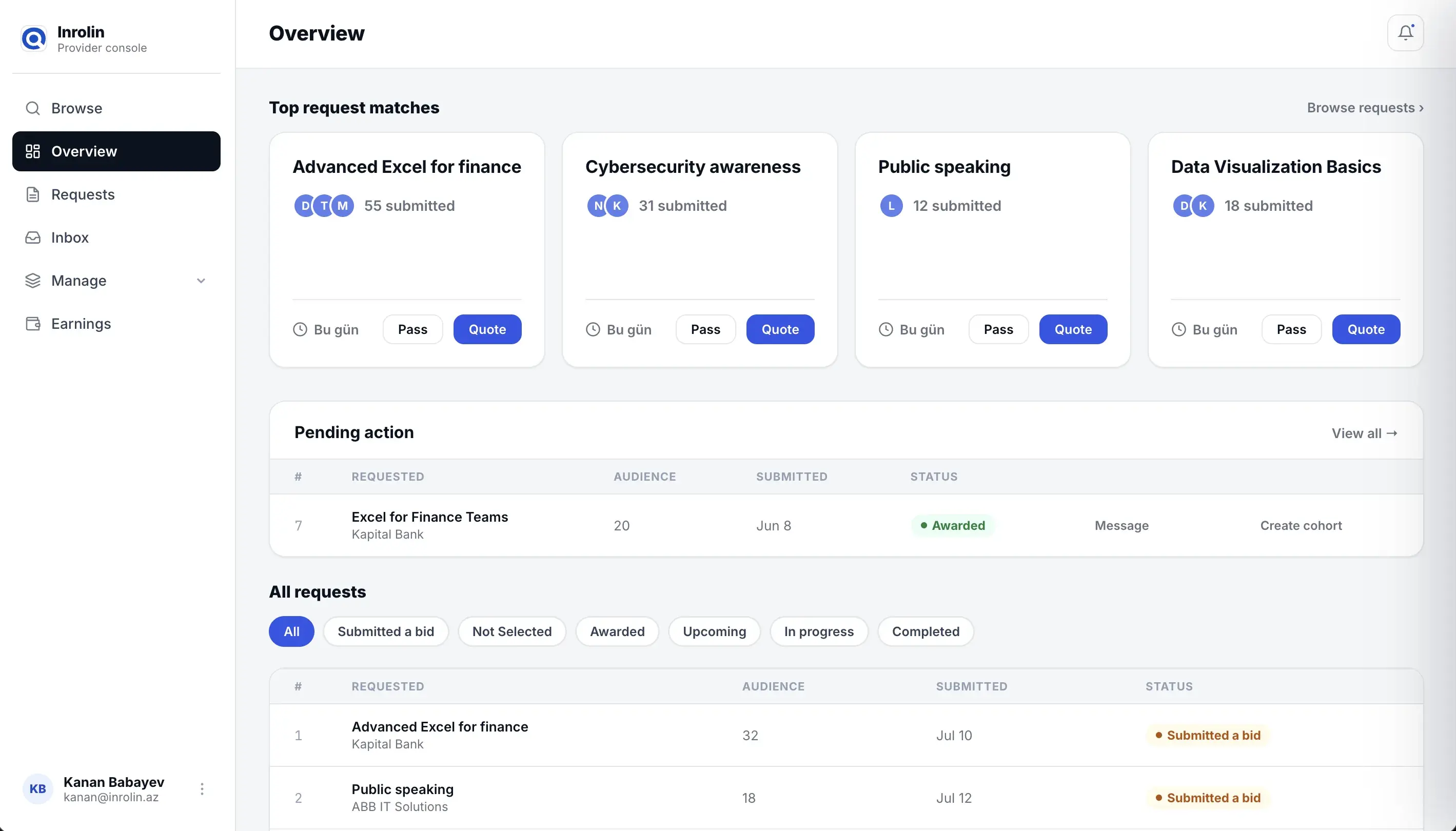 Inrolin provider dashboard