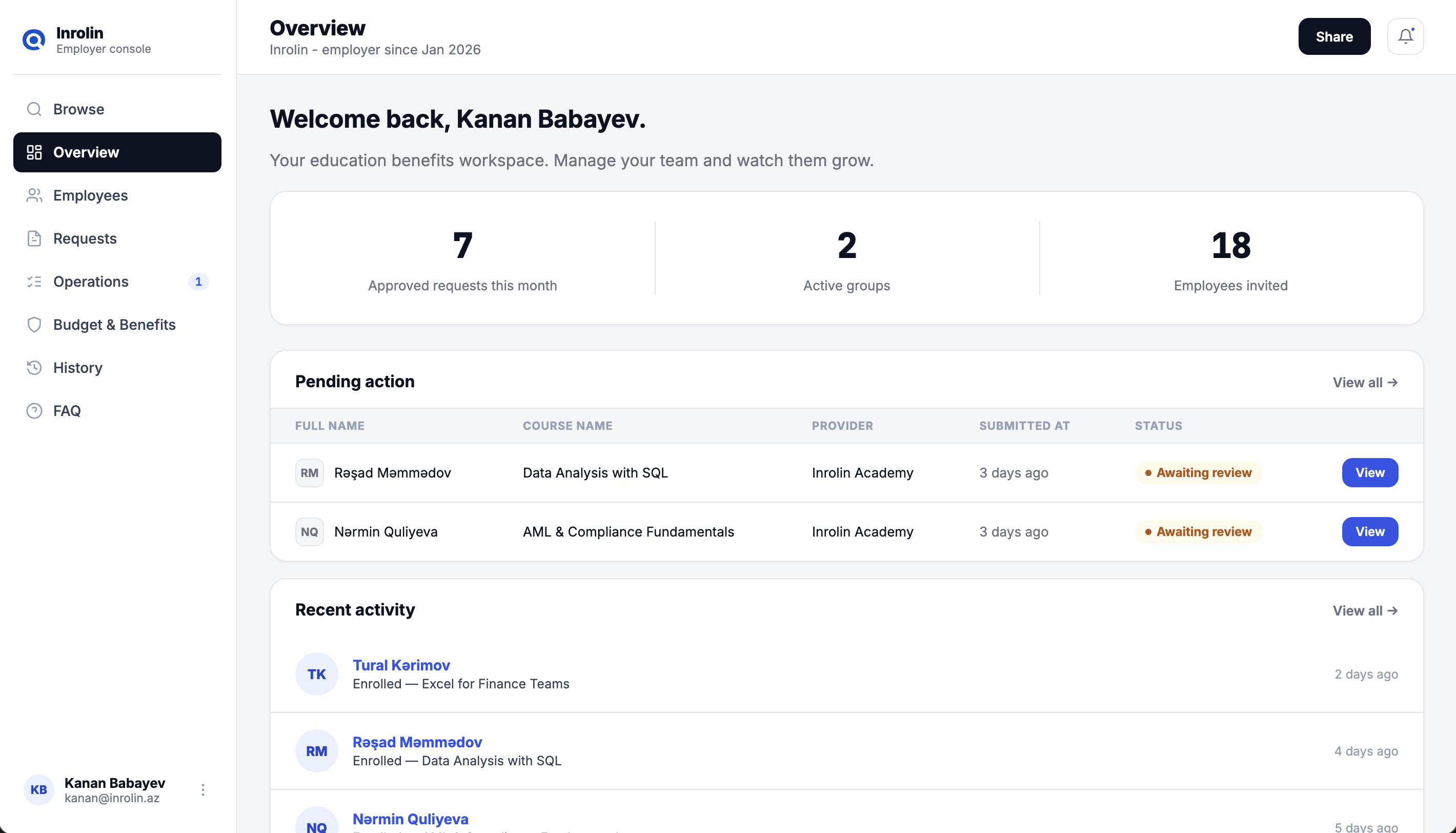 Inrolin employer dashboard overview